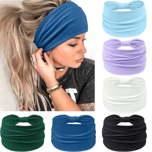 Image of Awumbuk Wide Headbands for Women Knotted No Slip Head Bands Soft Turban Headband Hair Accessories Boho African Solid Color Head Wraps for Women Yoga Workout (blue)