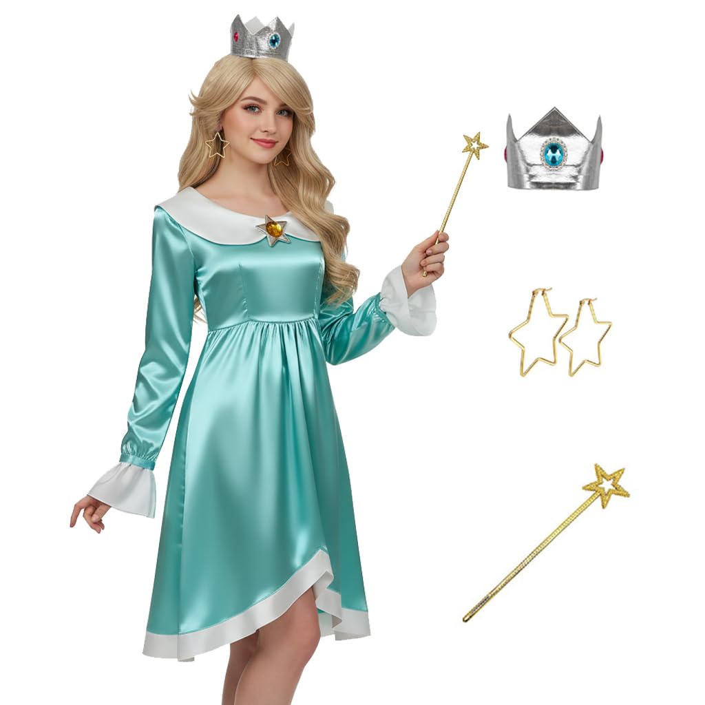AYYOHON Princess Rosalina Costume Adult Princess Daisy Dress for Women Halloween Cosplay Dress with Crown Earrings Gloves L