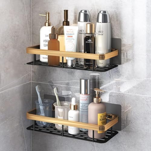 Image of EUDELE Aluminium Pack of 2, Self Adhesive Bathroom Shelf for Wall Shelf Organizer Wall Mounted Bathroom Shelves Rack Holder Stand for Bathroom Accessories Organiser Without Drill Gold Long