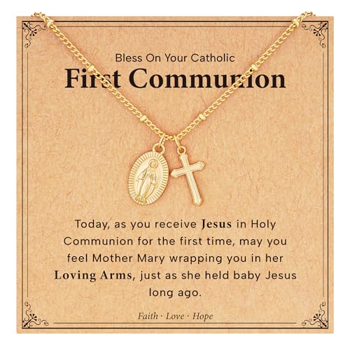 Jesvo Catholic First Communion Gifts for Girls Virgin Mary Cross Charm Necklace 1st Holy Communion Decorations Gifts Ideas Christian Religious Jewelry for Teen Teenage Kids Age