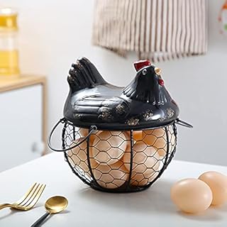 KOERIM Chicken Egg Basket Wrought Iron Basket with Lid Kitchen Storage Egg Collecting Basket Kitchen Basket Metal Wire Egg Holder Storage Baskets