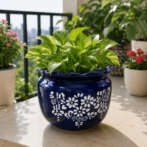 Image of Niyara Designer Ceramic planters pots for Indoor Outdoor Home, Garden Office Decor Balcony Planters Gamla Flower Size- Large, 8 inches (White Floral Print)