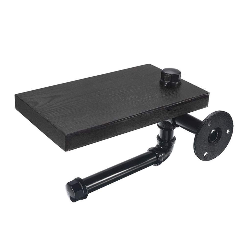 JF-XUAN Bathroom Shelves Industrial Retro Iron Toilet Paper Holder Hotel Roll Paper Hanging Rack Wooden Shelf with Phone Holder Toilet Tissue Box