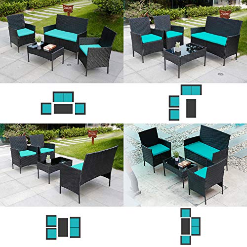 Viewee 4 Pieces Outdoor Patio Furniture Sets Rattan Wicker Patio Set with 2 Cushioned Chairs (Blue Cushion) & A Double Sofa & 1 Glass Top Patio Table