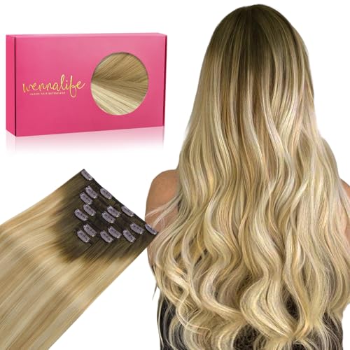 WENNALIFE Clip in Hair Extensions Real Human Hair, 20 Inch 120g 7pcs Remy Hair, Balayage Light Ash Brown to Light White Blonde Hair Extensions Clip In Real Hair Coloured