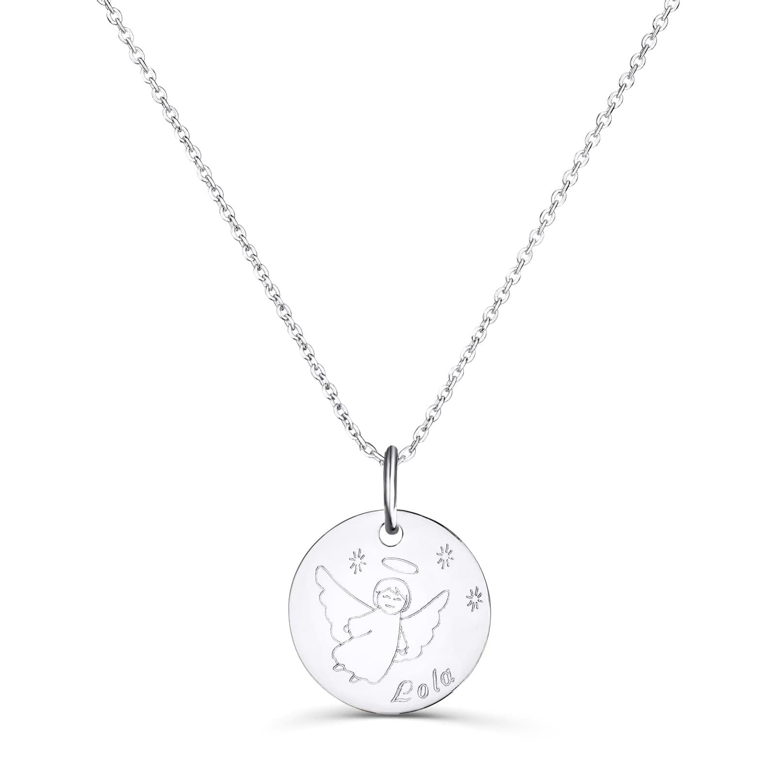 Collier personnalisé enfant médaille dessin ange, argent - Idée cadeau pour Noël - Anniversaires - Baptême - Communion