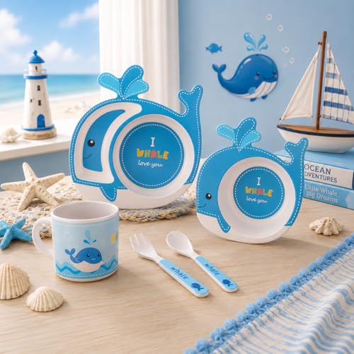 Image of Bamboo Kids Feeding Set of 5 | Made of Bamboo | Kids Crockery Set Tableware |Baby Utensils and Dishes Set | Eco-Friendly |Organic & Natural(Witty Whale)