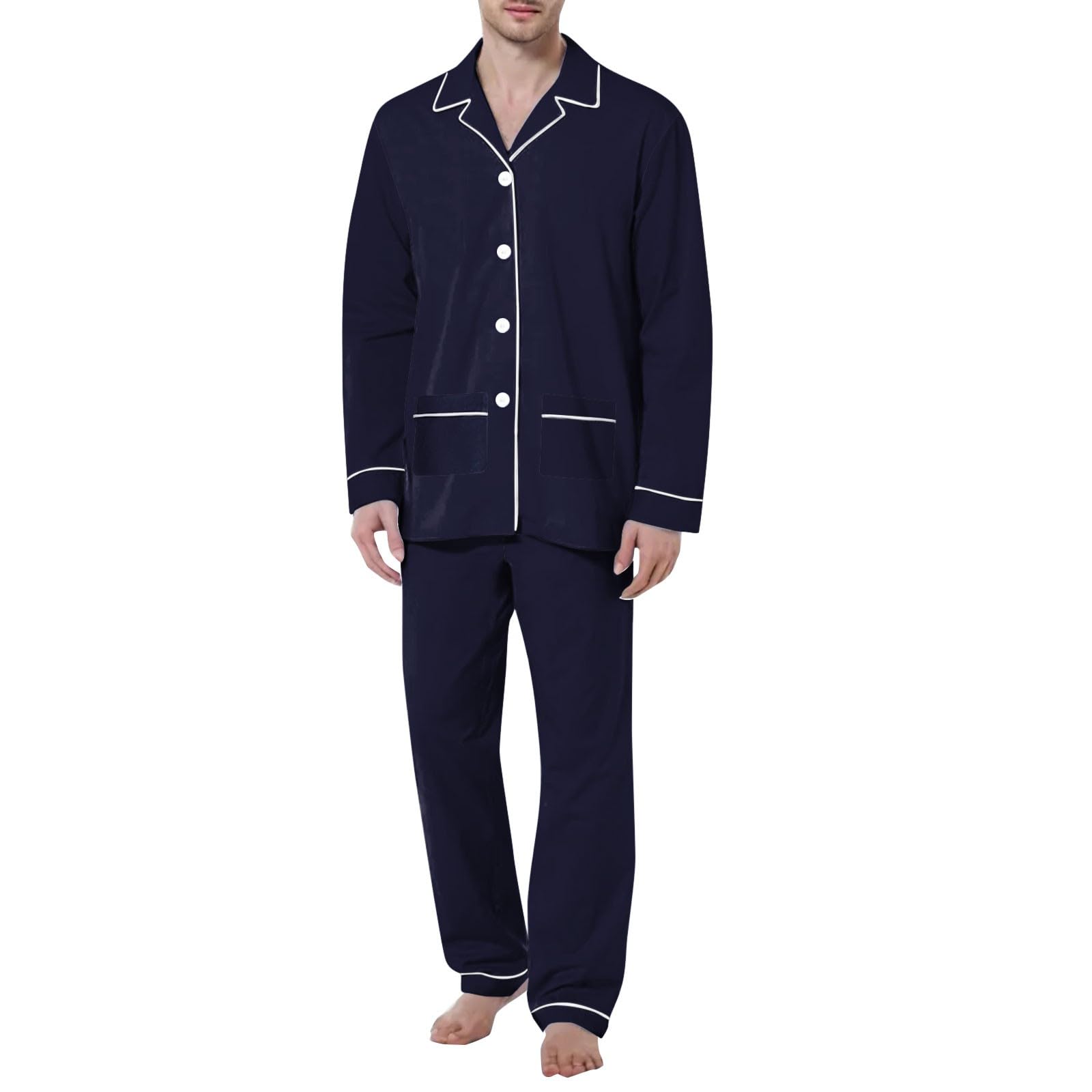 Generisch Pijama largo para hombre, conjunto de 2 piezas, con botones, ropa de dormir de dos piezas, camiseta de manga larga + pantalones de pijama, juego de dos piezas, traje de casa de invierno
