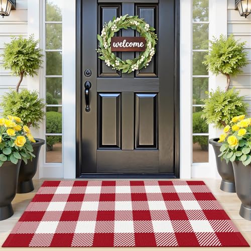 SofterCharm Area Rug 24 x 37 Red and White Checkered Rug Plaid Outdoor Rugs Soft Machine Washable Cotton Woven Welcome Mat Area Rugs for Home Decor Bedroom Doormat Balcony Porch Patio