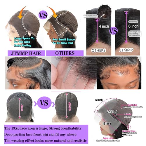 Image of JTMMP 14 Inch 13x6 Lace Front Wigs Human Hair 200% Density Body Wave Lace Front Wig Human Hair HD Transparent Natural Color