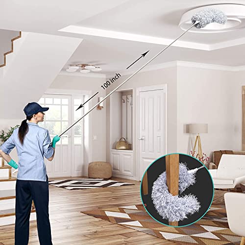 Image of Microfiber Extendable Feather Dusters for Cleaning High Ceiling Duster, 1Pcs 100 inch Extension Pole & 2pcs Replaceable Bendable Head, Fan Mop for Cleaning High Ceiling Fans, Blinds, Cobweb (Grey)