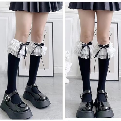 Womens Lace Ruffle Knee High Socks Lolita Multi-Layered Bows Stockings Girls College Style Long Socks for Summer2