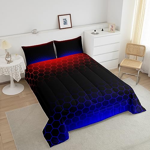 Image of Red Blue Ombre Hexagon Comforter Full Size, Honeycomb Bedding Set Geometrics Hexagon Comforter Set for Kids Boys Girls Abstract Red and Black Duvet Set Bed Set 3Pcs
