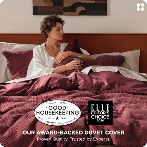Image of Bedsure Cotton Duvet Cover Queen - 100% Cotton Waffle Weave Maroon Red Duvet Cover Queen Size, PureWoven Breathable Bedding Set for All Season, 3 Pieces, 90 inchx90 inch