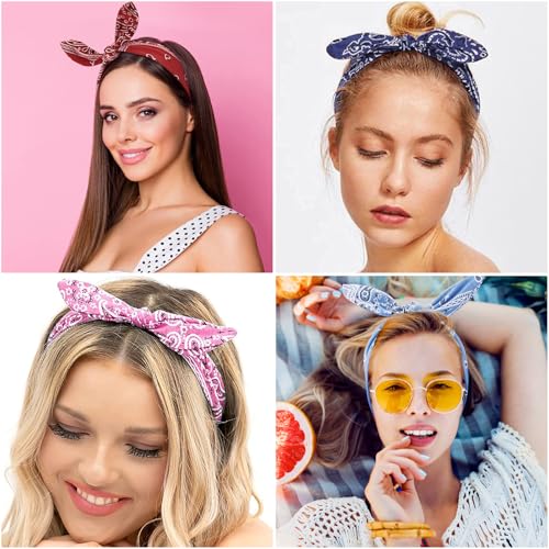 Image of DRESHOW 6 Pack Wire Boho Headbands for Women with Rabbit Ears Bow Twist Headband Printed Vintage Wire Hair Holder