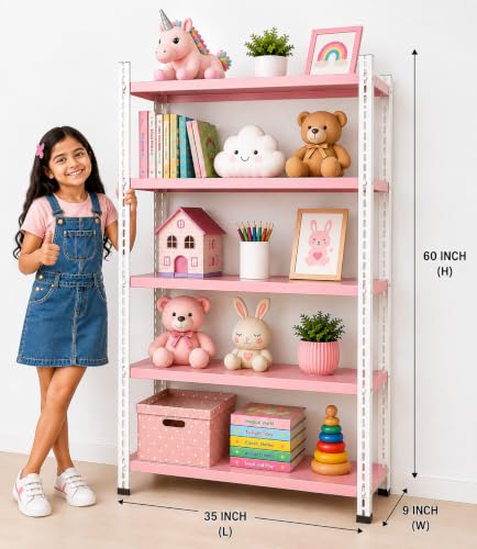 Image of REGILLER 5 Shelf Metal Storage Rack for Home, Kitchen, Bedroom, Office & Store | Heavy Duty Steel Multipurpose Organizer Stand | 60 Inch Height, 35 Inch Length, 9 Inch Width (Pink)