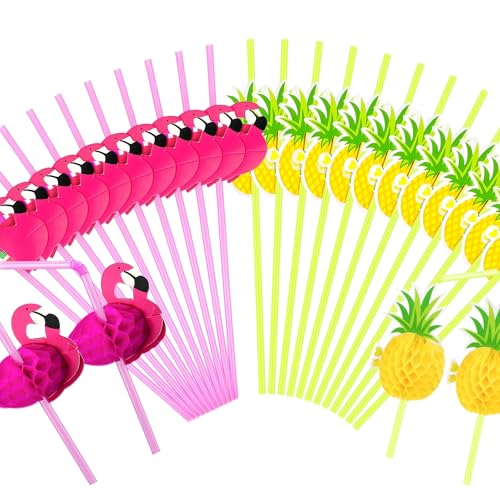 30 pitillos tropicales flamenco y piña flexibles miniatura 3