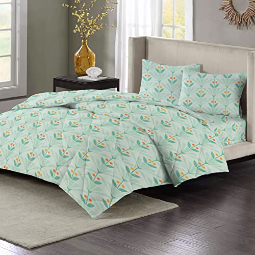 Image of HOMEKART 220 GSM Microfiber 4-Piece Comforter Bedding Set for Double Bed | King Size AC Comforter with Flat Bedsheet (90x100 Inch) & 2 Pillow Covers | Soft, Lightweight & All-Season | Green Leaf