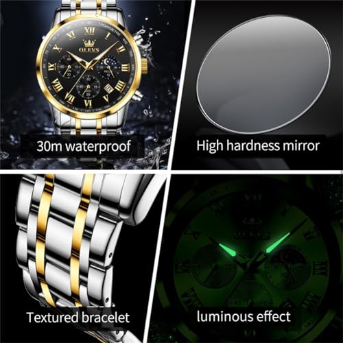 Image of OLEVS Men Multifunction Watch, Multi Dial Waterproof Luminous Chronograph, Gold Silver /Black, Round, mens business watch | Men's Watch with Date Gift for Men,Stainless Steel Watches for Men,Classic Men Wrist Watch