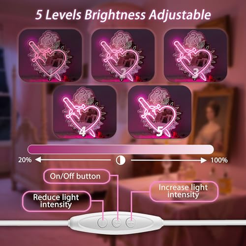 Image of Heart Shaped Mirror Neon Sign, LED Vanity Wall Light for Makeup Table, Bedroom or Dressing Area, Romantic Wall Decoration with Adjustable Brightness, 17.3 inch x 14.7 inch