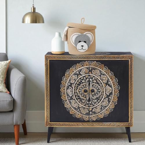 Image of APRODZ Hand-Painted Solid Wood Sideboard Cabinet with 2 Doors | Wooden Storage Cabinet for Bedroom Living Room & Kitchen | Crockery Cabinet, Kitchen Storage | Multicolor, 34x16x38 Inches