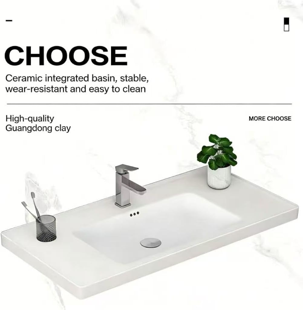 24 Inch Floating Bathroom Vanity with Ceramic Integrated Sink, Wall Mounted Bathroom Vanity with Open Storage Shelf & Towel Bar, Modern Natural Wood Bathroom Cabinet for Small Bathroom