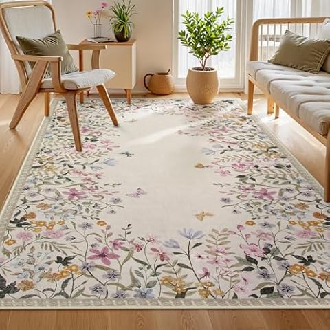 Wonnitar Washable 5x7 Rug for Living Room, Floral Print Large Bedroom Area Rug, Non-Slip Dining Table Throw Mat, Botanical Area Rug Carpet for Entry Basement Dorm (Beige,5'x7') Cover