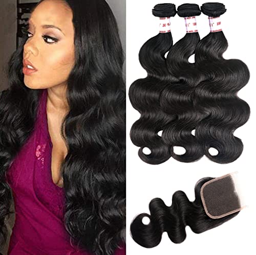 Brazilian Body Wave 3 Bundles with Closure(22 24 26+20 ,Bundles with Closure)100% Unprocessed Brazilian Body Wave Human Hair Bundles with 4x4 Lace Closure Free Part Natural Color