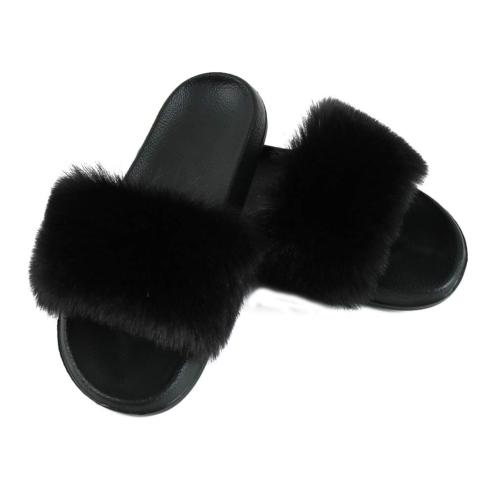 Hiser Women Fluffy Faux Fur Slipper Sliders, Ladies Furry Open Toe House Slippers, Cozy Comfy Non Slip Sliders for Walking Indoor Outdoor (black,UK3.5-4/250)