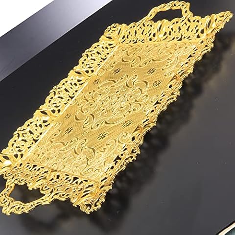 Gold Turkish Tea Coffee Serving Tray with Handles Decorative for Party Bar Outdoor Table Vanity Perfume Rectangular Dresser Metal Cups Glasses Teapot Kitchen Jewelry Espresso Gift Women Dessert Cover