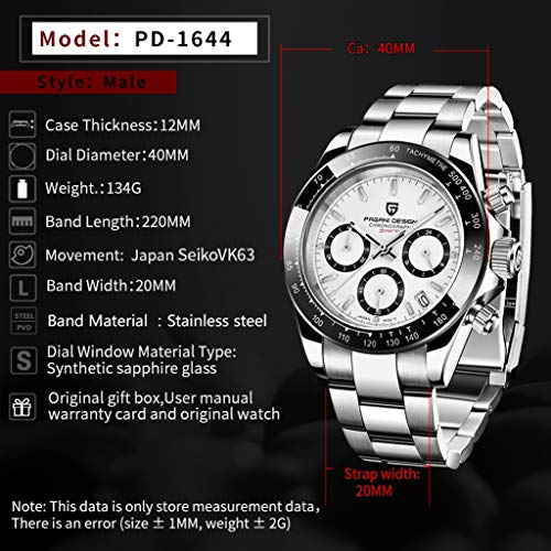 Pagani Design Homage Men's Quartz Watches Japan Movement Ceramic Bezel Stainless Steel Screw-in Crown Waterproof Sport Chronograph Watch Fashion Casual Synthetic Sapphire Mirror 1644 Wrist Watch
