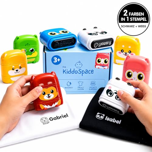 KiddoSpace Namensstempel für Kindertextilien (weiße + schwarze Tinte) Kiddostempel Doppelseitiger Namensstempel für Kindertextilien wasserfest Stempel personalisierter Kleidungsstempel