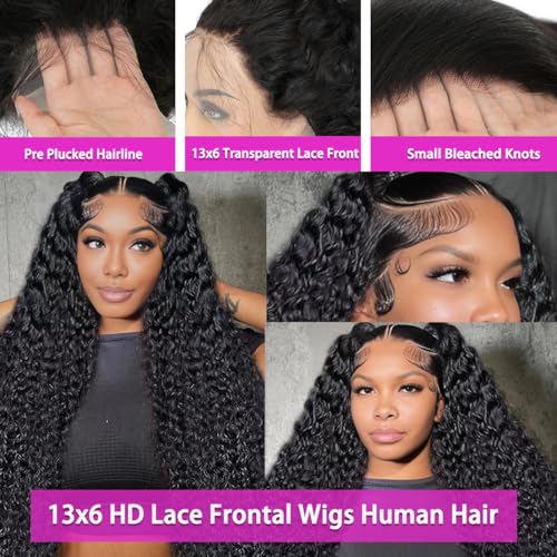 Image of LAINSS 28Inch Deep Wave Lace Front Wigs Human Hair 13x6 Deep Curly Lace Front Wigs Glueless Lace Frontal Wig Brazilian Virgin Human Hair Pre Plucked with Natural Hairline 210% Density
