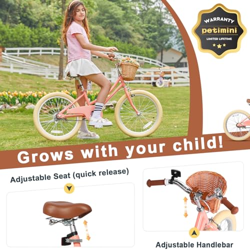 Image of Petimini Vintage Kids Bike for Girls, 12-20 Inch Classic Bicycle with Wicker Basket & Bell, High Tensile Steel Frame, Training Wheels (12-18 inch), 85% Pre-Assembled, Retro Bike for Outdoor Riding
