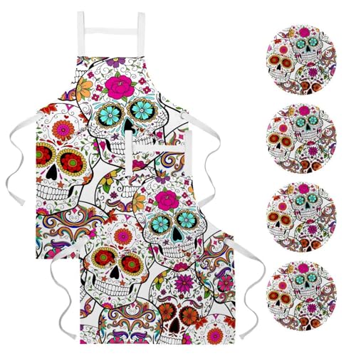 Tablier de cuisine avec 4 broches et motif Dead of Sugar Skulls