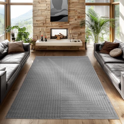 SIMPEX Outdoor Teppich Wetterfest, Wohnzimmer, Schlafzimmer, Wintergarten, Kurzflor Grau, Hoch-Tief-Effekt, weich & waschbar, Outdoor geeignet, 160x230 cm