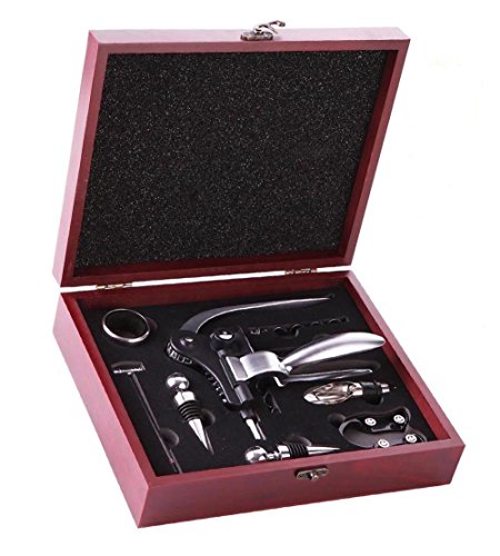 Wine Opener Set, Rabbit Corkscrew Red Wine Bottle Opener, Wine Decanter Pourer, Wine Bottle Alloy Stopper, Foil Cutter, Drip Ring with Wood Case, Wedding Wine Gift Set