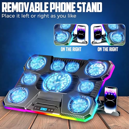 Image of CLAW Storm Pro A21 Laptop Cooling Pad with 9 Fans (6x60mm + 4x85mm, Up to 2400 RPM), RGB Lighting, LCD Display, Mobile Stand, 9 Height Levels, USB & Type-C Ports, Fits Up to 17-Inch Laptops - Black