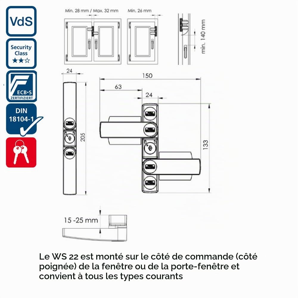 BURG-WÄCHTER Verrou de fenêtre, Protection antieffraction pour fenêtres 2 battants + portes de balcon, Verrou clé, Intérieur, Côté poignée/bas/haut, WinSafe WS 22, Blanc
