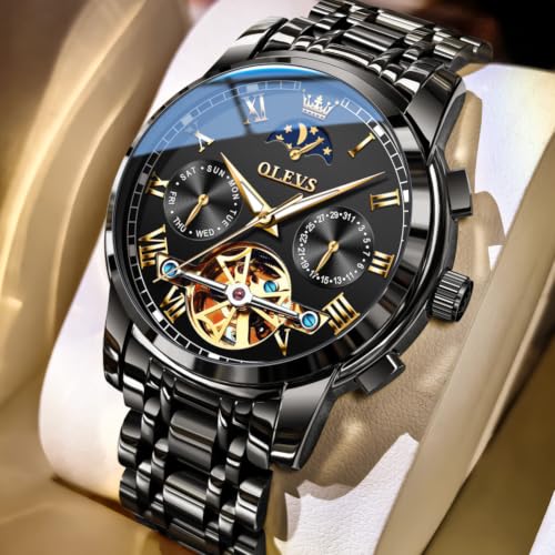 Image of OLEVS Mens Automatic Watches Skeleton Tourbillon Mechanical Self Winding Luxury Dress Wrist Watch Moon Phase Waterproof Luminous Watch Gifts