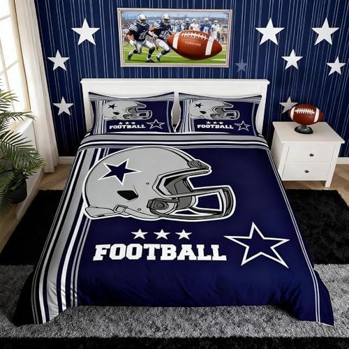 American Football Duvet Cover Set King Size Western Texas Star Cowboy Football Sports Bedding Set Boys Men Room Decor Rugby Helmet Geometric Stripes Comforter Cover Blue Quilt Cover 2 Pillowcases