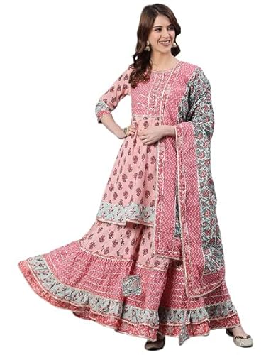 ishin Women's Pure Cotton Pink Embroidered Anarkali Kurta suit set With Dupatta & Sharara