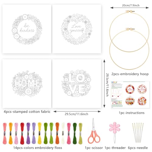 Image of INFUNLY 4pcs Wreath Words Embroidery Kit for Beginners Floral Cross Stitch Kits with Pre-Printed Patterns 11.6x11.6inch Embroidery Starter Kit with 14 Colors Thread for DIY Craft Lovers