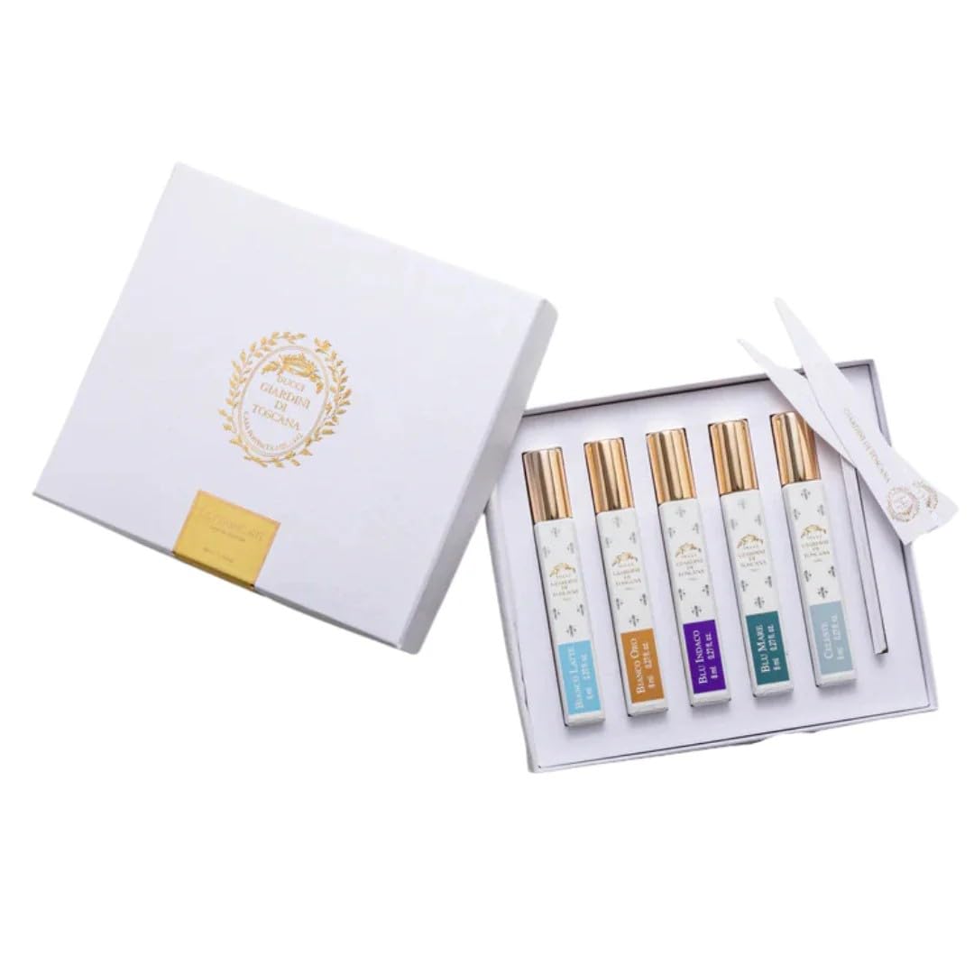 Giardini di Toscana Layering Kit – Miniature Eau de Parfum (5 x 8 ml) – Set regalo per uomo e donna – Incl. Bianco Latte, Bianco Oro, Blu Indaco, Blu Mare e Celeste