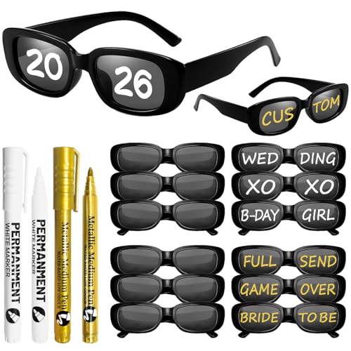 Geopty 12 Pack Personalized Black Rectangle Sunglasses with Marker Pens DIY Custom Glasses Birthday Graduate Wedding