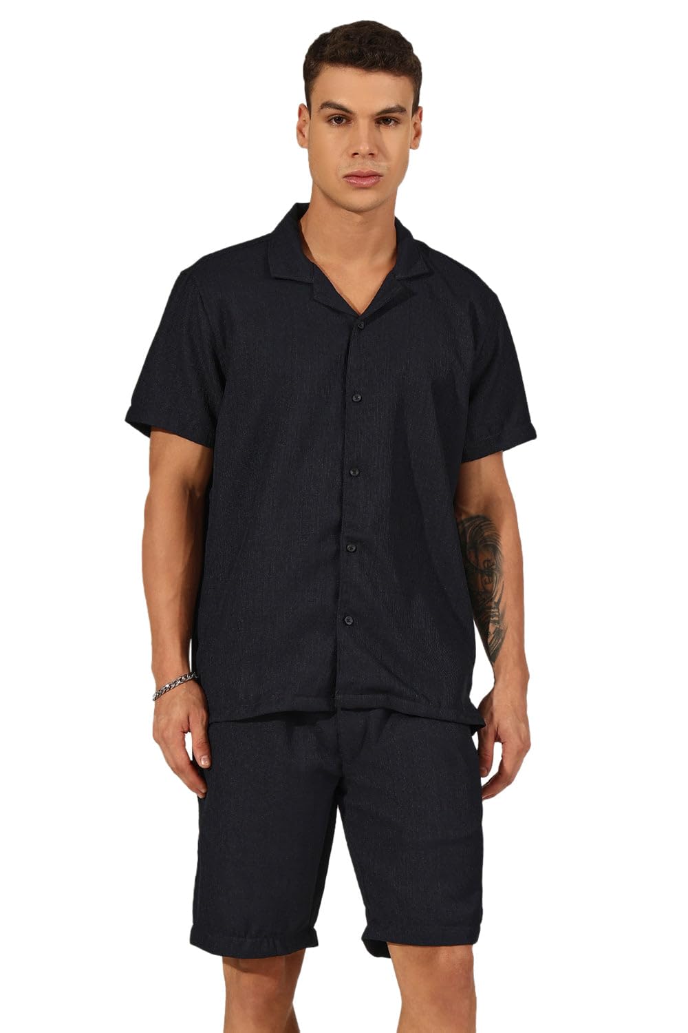 showoffff SHOWOFF Men's Navy Blue Cuban Collar Shirt & Shorts Co-ord Set -RONG-4700_NavyBlue-picture-20