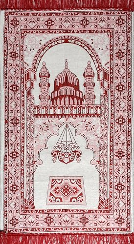 Image of Velvet Floral Janamaz Mat | Prayer Mat /Meditation Janamaz for Namaz /Meditation Mat /Muslim| Size 27x50| Washable Soft Prayer Mat (White - RED)
