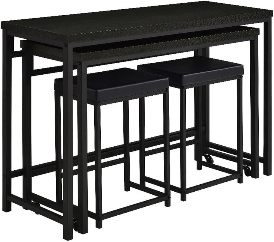 Pemberly Row 4-Piece Wood Counter Height Dining Table Set, Black Finish, Large Table with USB Port, Small Table on Wheels, 2 Faux Leather Stools, Modern Multipurpose Dining or Workspace Use