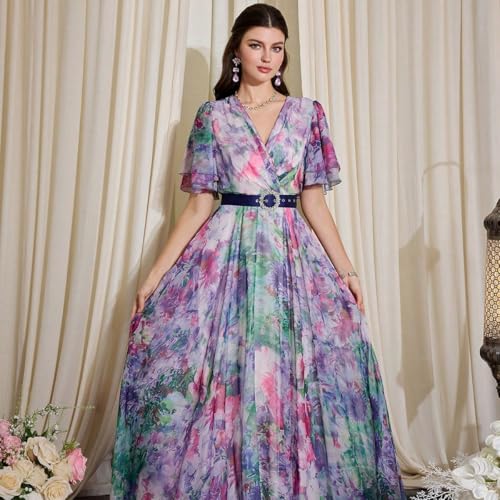Image of TOLEEN Summer Casual Dresses for Women 2024 Spring Fashion Boho V Neck Long Sleeve Ruffle Floral Print Elegant Maxi Dress