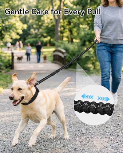 Joytale Taktische Hundeleine, 1.2m-1.8m Bungee Hundeleine Reflektierend mit 2 Gepolsterten Griffen, Autosicherheitsgurt, Leine Hund ohne Zugkraft für Mittelgroße, Große, X-Große Hunde, Schwarz